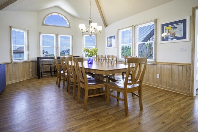 dining space with lofted ceiling, a wainscoted wall, and dark wood finished floors