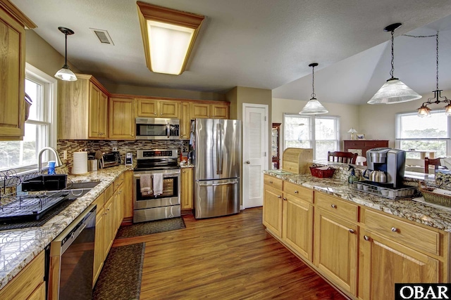 50059 Blackbeards Ct Lot # 166, Frisco, NC 27936 - kitchen with appliances with stainless steel finishes, dark wood-style flooring, tasteful backsplash, light stone counters, and vaulted ceiling