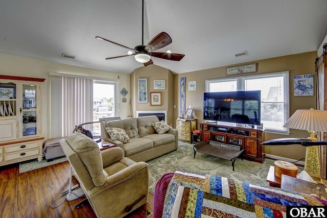 50059 Blackbeards Ct Lot # 166, Frisco, NC 27936 - living area featuring a ceiling fan, wood finished floors, and lofted ceiling