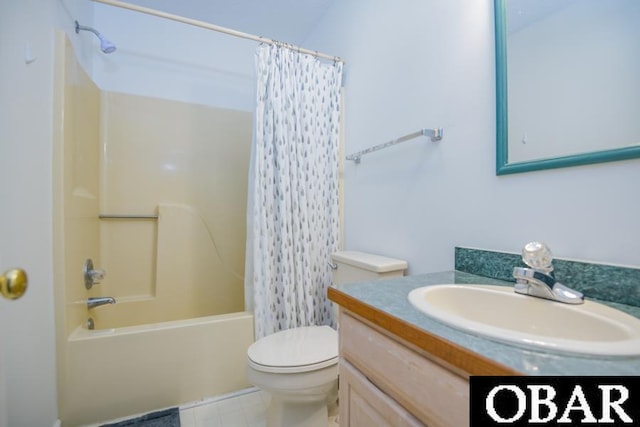 bathroom featuring shower / bathtub combination with curtain, toilet, and vanity