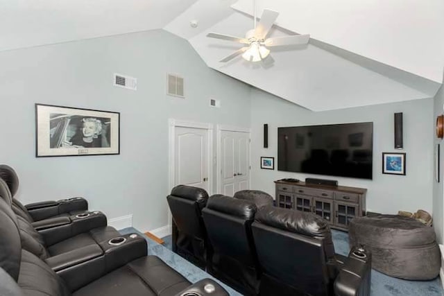 home theater with visible vents, baseboards, high vaulted ceiling, and ceiling fan