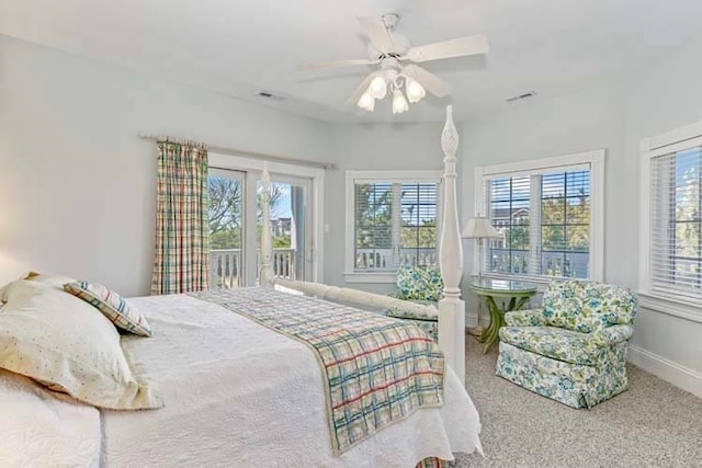 bedroom with visible vents, access to exterior, carpet flooring, baseboards, and ceiling fan