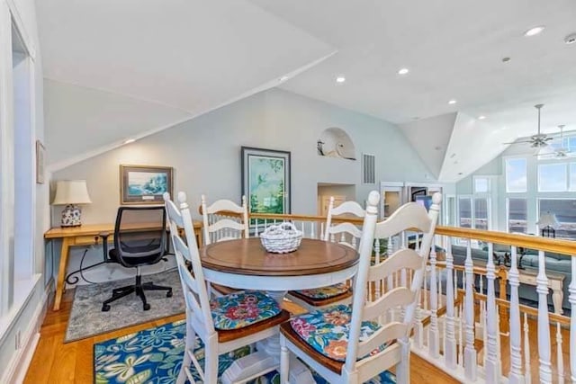 dining space featuring visible vents, lofted ceiling, recessed lighting, ceiling fan, and light wood-type flooring