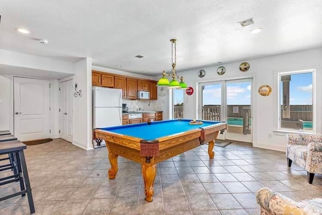 game room with light tile patterned floors, visible vents, baseboards, recessed lighting, and pool table