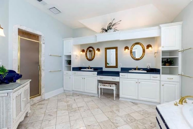 full bath featuring a washtub, a stall shower, vanity, and vaulted ceiling