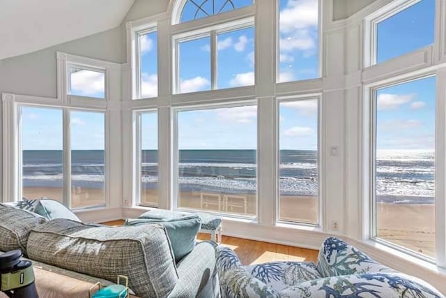 living room featuring wood finished floors, a healthy amount of sunlight, a water view, and high vaulted ceiling