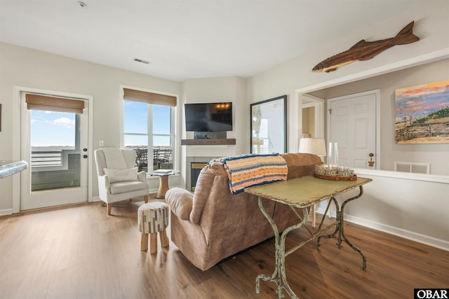 1113 Pirates Way Unit 1113, Manteo, NC 27954 - living room with wood finished floors, baseboards, and a fireplace