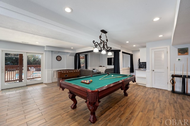 playroom with pool table, recessed lighting, and light wood-style floors