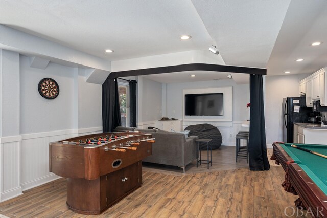 rec room featuring pool table, wainscoting, wood finished floors, and recessed lighting