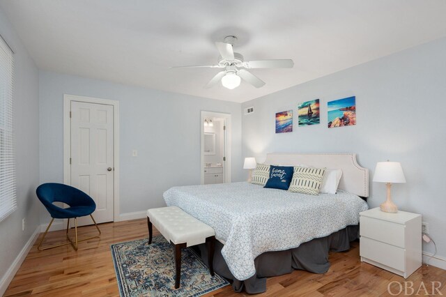 bedroom with visible vents, baseboards, a ceiling fan, wood finished floors, and ensuite bathroom