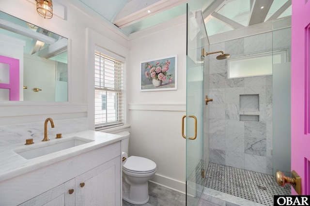 5118 N Virginia Dare Trl Lot 7, Kitty Hawk, NC 27949 - bathroom with a stall shower, vanity, and beamed ceiling