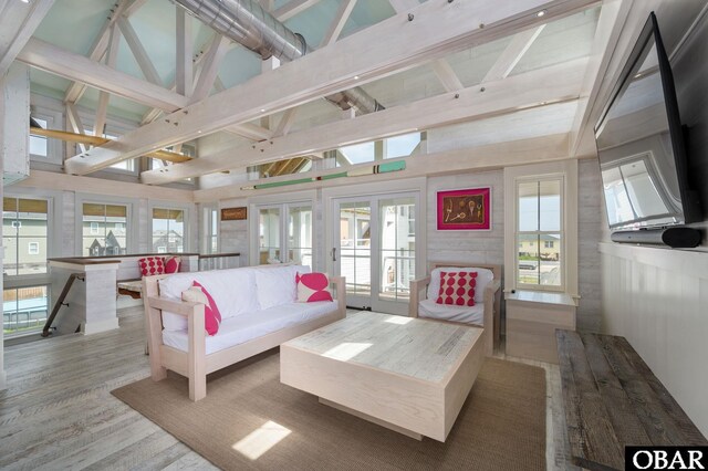 5118 N Virginia Dare Trl Lot 7, Kitty Hawk, NC 27949 - living room featuring high vaulted ceiling, french doors, wood finished floors, and beam ceiling