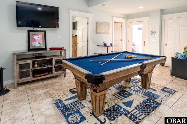 game room with tile patterned flooring, billiards, baseboards, and recessed lighting