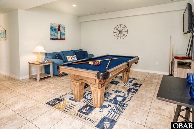 game room featuring baseboards, recessed lighting, billiards, and tile patterned floors