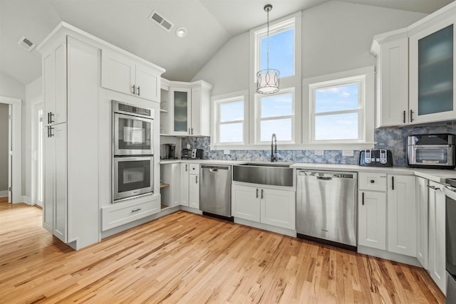 2103 Sandfiddler Rd Lot # 25, Corolla, NC 27927 - kitchen with stainless steel appliances, vaulted ceiling, a sink, plenty of natural light, and light wood-type flooring