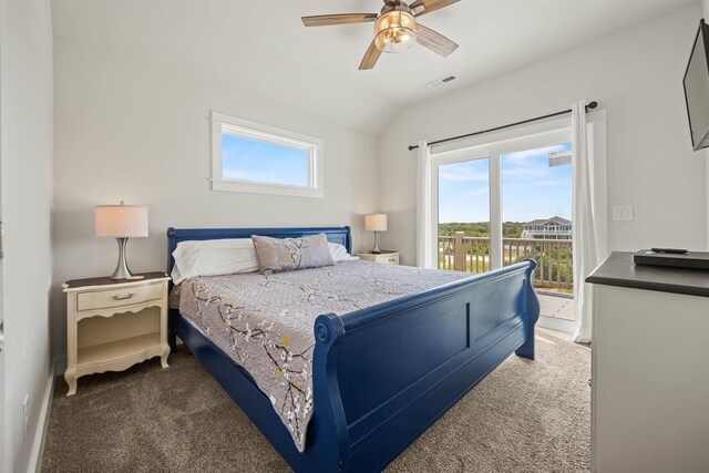 2103 Sandfiddler Rd Lot # 25, Corolla, NC 27927 - bedroom with carpet floors, access to outside, vaulted ceiling, and a ceiling fan
