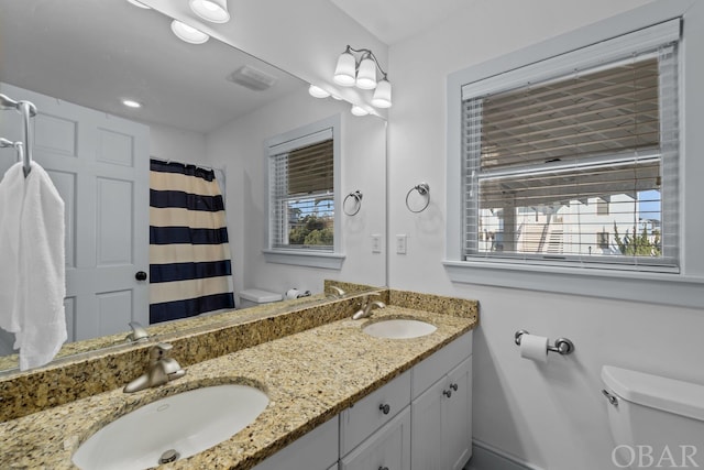 bathroom with toilet, a wealth of natural light, and a sink