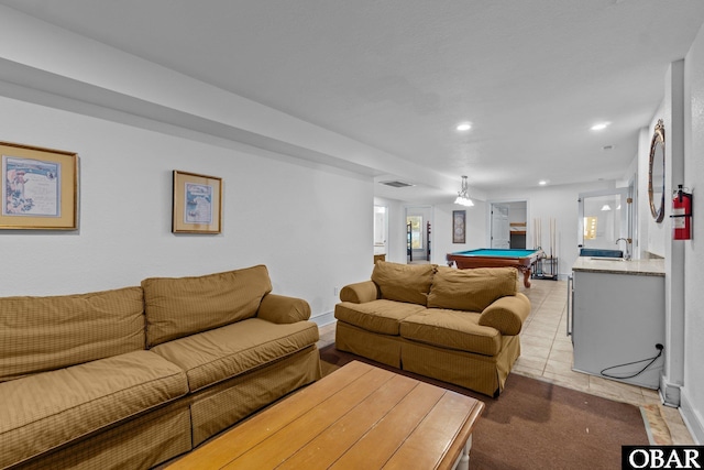 living area with recessed lighting, pool table, visible vents, and light tile patterned floors