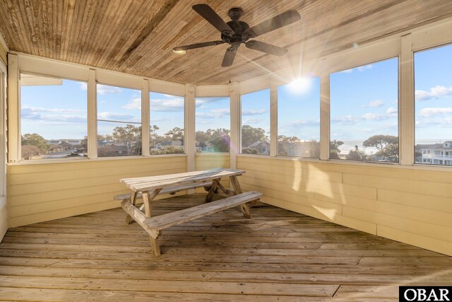 sunroom / solarium with wood ceiling, a ceiling fan, and a wealth of natural light