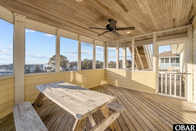 sunroom / solarium with ceiling fan, a sauna, and wood ceiling