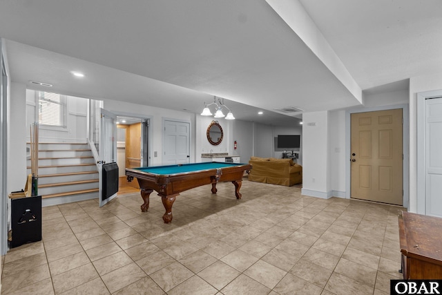 game room featuring light tile patterned floors, billiards, visible vents, and recessed lighting