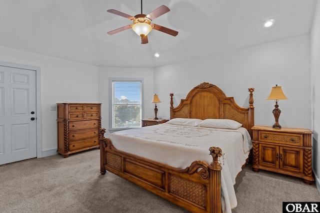 bedroom with light carpet, vaulted ceiling, a ceiling fan, and recessed lighting