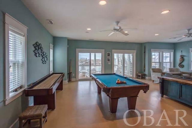 playroom with a ceiling fan, recessed lighting, pool table, and baseboards