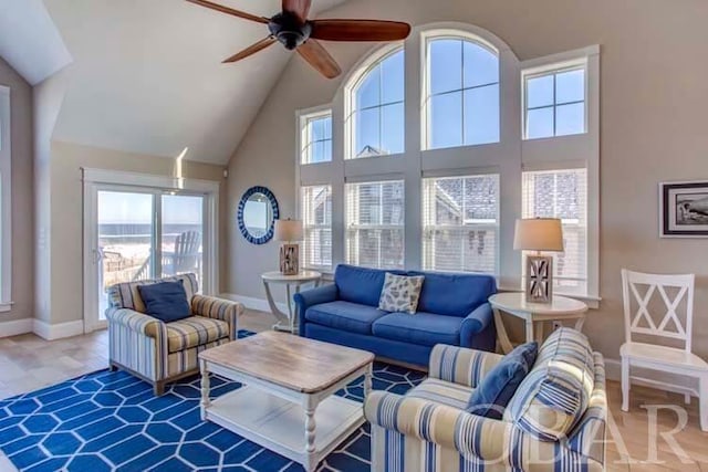 living room featuring ceiling fan, high vaulted ceiling, plenty of natural light, and wood finished floors