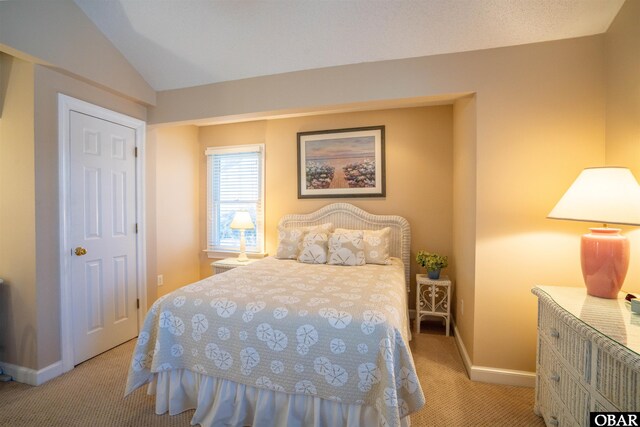 bedroom with baseboards, light colored carpet, and lofted ceiling