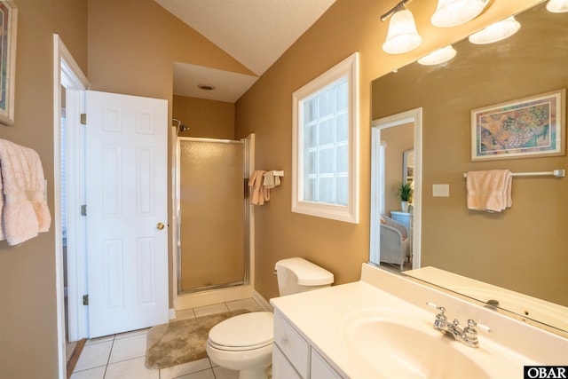 bathroom featuring tile patterned flooring, a shower stall, vanity, and lofted ceiling