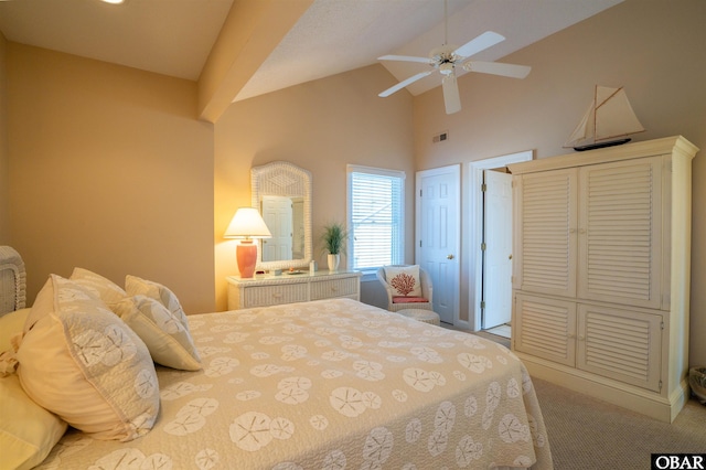 carpeted bedroom with visible vents, high vaulted ceiling, and a ceiling fan