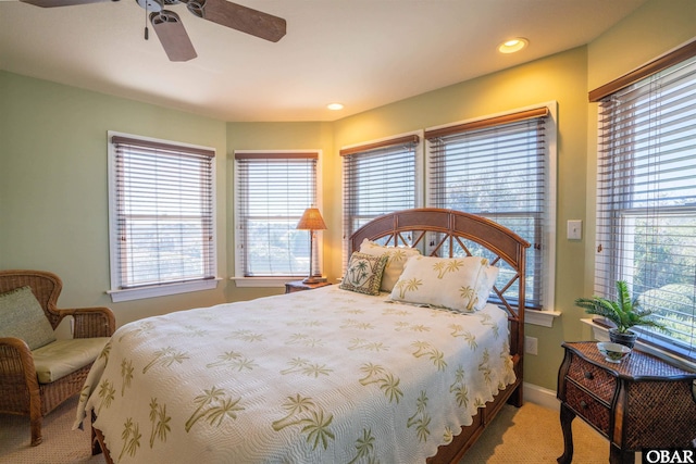 bedroom featuring recessed lighting, baseboards, and a ceiling fan