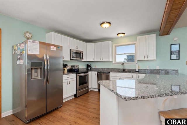 kitchen with stainless steel appliances, a peninsula, a breakfast bar area, and white cabinets