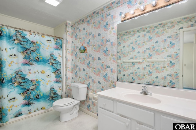bathroom featuring curtained shower, toilet, vanity, and wallpapered walls