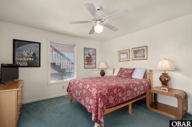 bedroom featuring carpet, baseboards, and ceiling fan