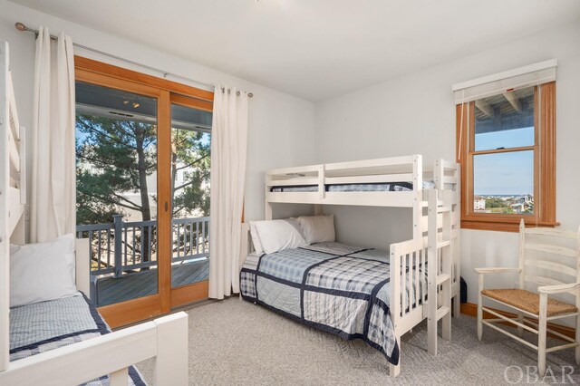 bedroom with access to outside, multiple windows, and carpet flooring