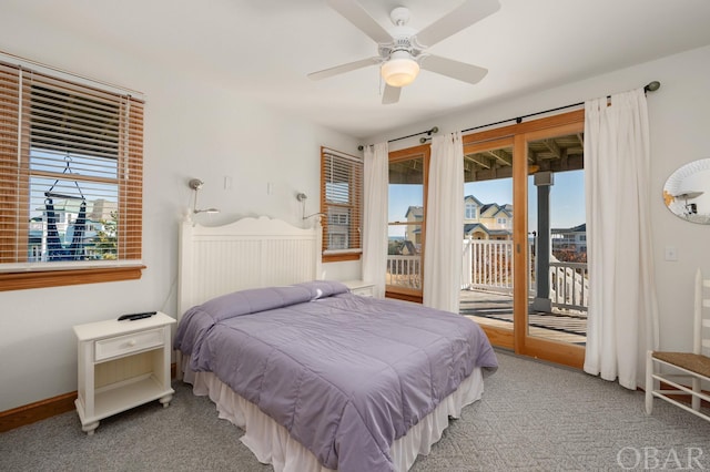 bedroom featuring carpet floors, access to outside, baseboards, and a ceiling fan