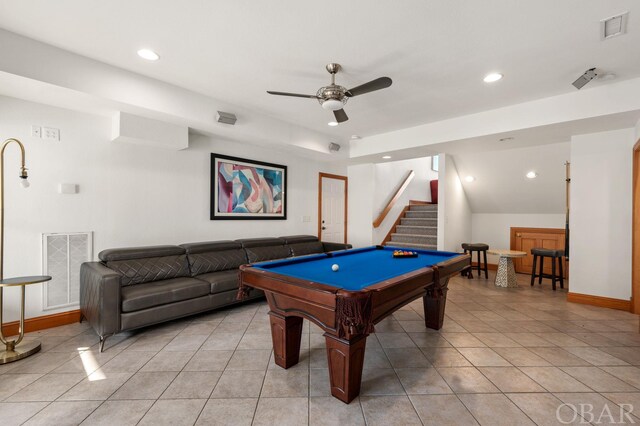 game room featuring light tile patterned floors, billiards, and visible vents