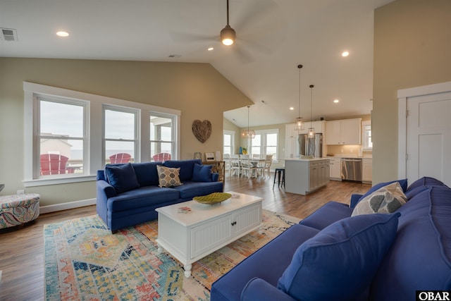 27197 Black Dog Ln Lot 9, Salvo, NC 27972 - living area with ceiling fan, light wood-type flooring, and high vaulted ceiling