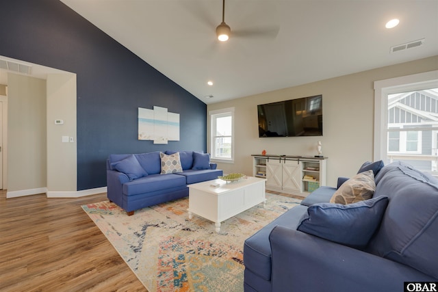 27197 Black Dog Ln Lot 9, Salvo, NC 27972 - living room with light wood-style flooring, a ceiling fan, recessed lighting, and high vaulted ceiling