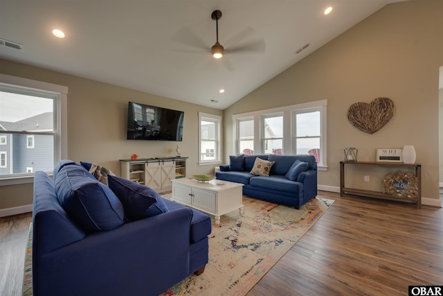 27197 Black Dog Ln Lot 9, Salvo, NC 27972 - living area with a ceiling fan, vaulted ceiling, light wood-type flooring, and recessed lighting