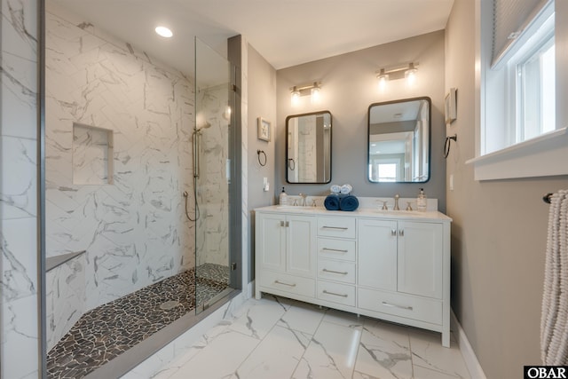 27197 Black Dog Ln Lot 9, Salvo, NC 27972 - full bath with double vanity, a marble finish shower, marble finish floors, and recessed lighting