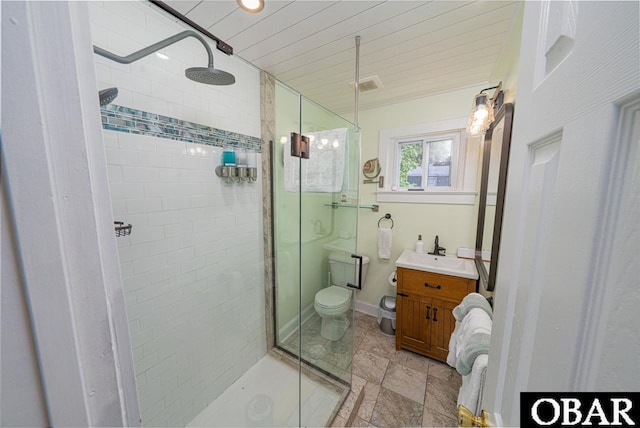 807 S St Lot 11, Manteo, NC 27954 - bathroom with vanity, visible vents, wood ceiling, and a stall shower