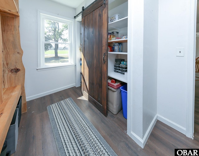 mudroom with dark wood-style flooring, baseboards, and a barn door