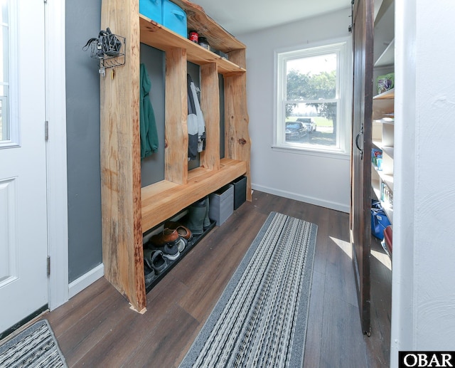 mudroom featuring dark wood finished floors and baseboards