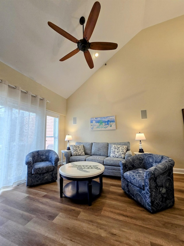 1111 Cambridge Rd Unit 308B, Kill Devil Hills, NC 27948 - living area with ceiling fan, high vaulted ceiling, wood finished floors, baseboards, and recessed lighting