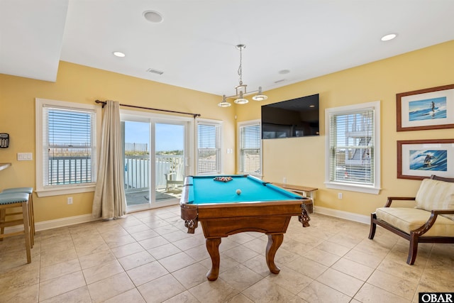 rec room with light tile patterned floors, recessed lighting, baseboards, and pool table