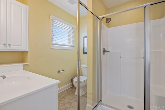 full bath featuring toilet, vanity, a shower stall, and visible vents