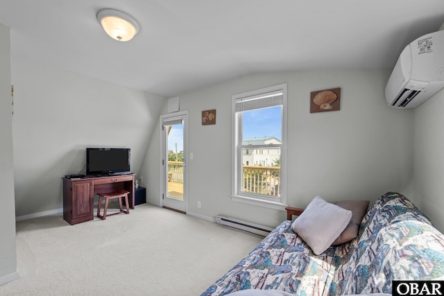 118 W Soundside Rd Lot Pt7, Nags Head, NC 27959 - carpeted bedroom featuring baseboard heating, an AC wall unit, access to outside, lofted ceiling, and baseboards