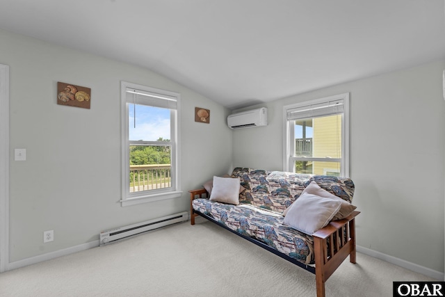 118 W Soundside Rd Lot Pt7, Nags Head, NC 27959 - carpeted living room with a baseboard radiator, lofted ceiling, plenty of natural light, an AC wall unit, and baseboards